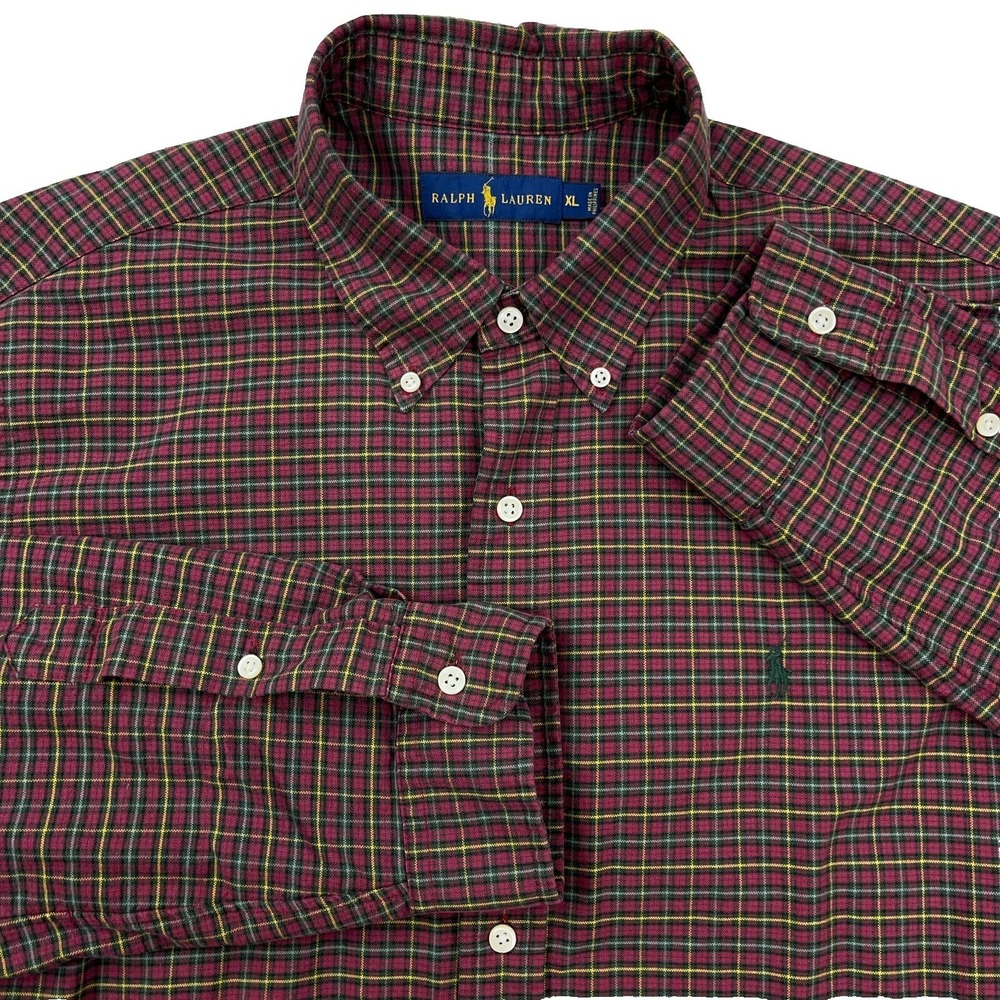 Ralph Lauren Oxford Shirt Men XL Red‎ Green Plaid OCBD Dress Button Up Pony Prep